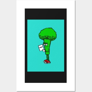 YAY! BROCCOLI BOY Against Blue Diagonal Stripe Background Posters and Art